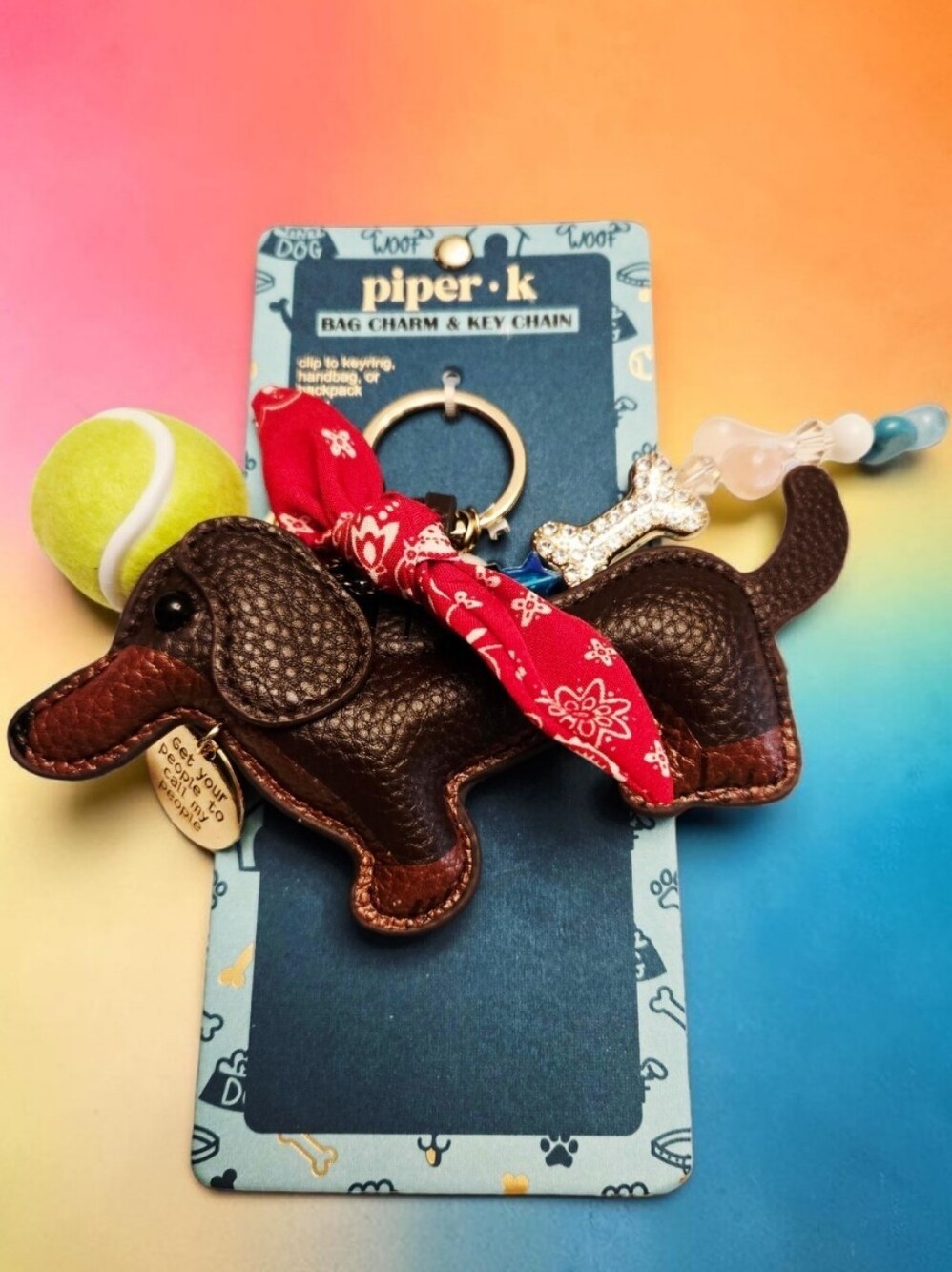New Piper K Dachshund Dog with Red Bandana and Tennis Ball Bag Charm Keychain